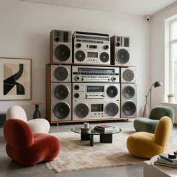 retro futuristic apartment, massive 1 9 7 0 s hi fi system, funky furniture, modern art, wabi sabi, high end, chic, minimalism, loft style, interior design magazine