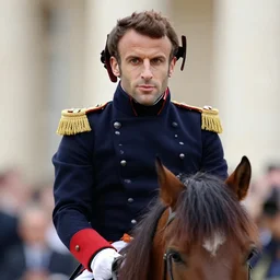 closeup portrait of emmanuel macron dressed as napoleon riding a small pony, natural light, sharp, detailed face, magazine, press, photo, steve mccurry, david lazar, canon, nikon, focus