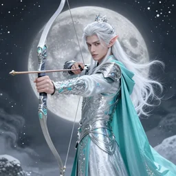 handsome male snow elf in a turquoise cape and silver ornate armour as an archer, albino skin, pointed ears, ethereal opalescent mist, moonlight snow, fantasy art, perfect face, elegant, very coherent symmetrical artwork, atmospheric lighting, rule of thirds, by wenjun lin, krenz cushart, charlie bowater, trending on artstation