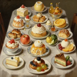 a table with lots of deserts and dishes and fruits and vegetables, realistic painting, classical painting, high definition, digital art, matte painting, very detailed,  not realistic, top view