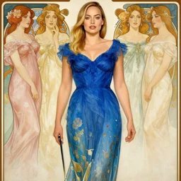 margot robbie blue dress detailed clothing, half body shot, arms down, path traced, highly detailed, high quality, digital painting, alena aenami, lilia alvarado, shinji aramaki, karol bak, alphonse mucha, tom bagshaw