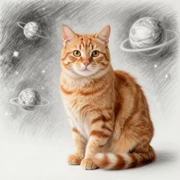 a fuzzy orange cat sitting on planet earth, space in the background, pencil sketch