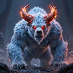 epic frost bear, flaming horns, bright red eyes, insanity, long shot angle, despair, highly detailed digital art
