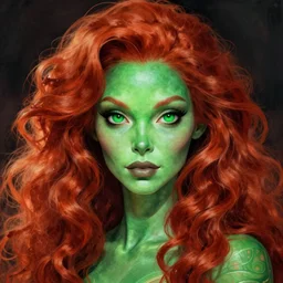 Redhead Pleiadian alien human beautiful hybrid feminine woman, green skin, long gorgeous red hair in loose curls, with stunning green eyes, cute round face and a roundish nose, as a retrofuturistic heroine, face and body, gorgeous psychedelic digital painting, artstation, concept art, smooth, sharp focus, illustration, art by artgerm and donato giancola and Joseph Christian Leyendecker, Ross Tran, WLOP