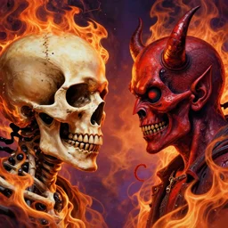 portrait skull and devil talking to each other perfil on fire, art by greg rutkowski, intricate, ultra detailed, photorealistic, vibrante colors, colorful, trending on artstation, 4 k, 8 k