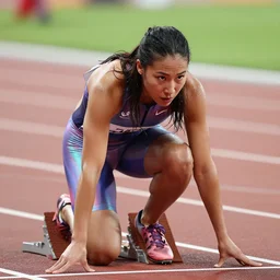 stock photos of allyson felix, wearing a skin tight futuristic iridescent tracksuit, crouching at the 2 0 0 - meter starting line, hyperreal, she is sweating profusely