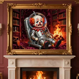 a sad crying clown in an iron lung, painted on velvet, hung in a gilded frame above a mantel, fireplace roaring hot, with a library on fire around it