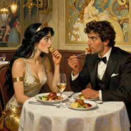 xena warrior princess eating at a restaurant, with a hispanic man in a suit as her companion, art by artgerm and greg rutkowski and alphonse mucha