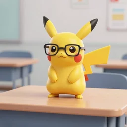 A Pikachu action figure wearing glasses on the table, 3d