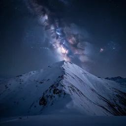 a large snowy mountain with a night full of stars and galaxies behind it, cinematic picture