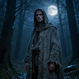 an Ricewind, dressed in a ragged, gray traveling cloak. The background is a forrest in the night, heavy raining, full moon, dramatic lights, high detail, photorealistic, cinematic lighting, blue tones, atmospheric,  fantasy concept art by Artur Mósca,  J.Dickenson and Greg Rutkowski, trending on ArtStation.
