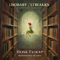 a symmetrical painting of a tiny fairy flying sitting on a bookshelf, ((((library interior)))), red hair, green dress, concept art by Kaja Foglio, behance contest winner, vanitas, official art, poster art, concept art