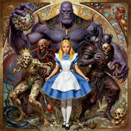 the platonic ideal of alice in wonderland and ayahuasca cletus kasady ultimate carnage thanos dementor wild hunt doctor manhattan chtulu nazgul mandelbulb davinci, d & d, fantasy, ego death, detailed, intricate, hyperrealism, intense, scary, decay, art by artgerm and greg rutkowski and alphonse mucha
