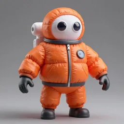 still figurine of a tall giant inflated space man wearing over sized orange puffy bomber jacket, googly eyes, tareme eyes, personification, dynamic pose, detailed product photo, tone mapped, beautiful composition, 8 5 mm, f 5. 8, soft lighting