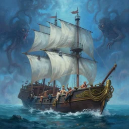 breathtaking detailed soft painting of a drunken ship with mystical horrors, bathing in dreaming lactescent sea, alcohol with blue delirium skies, elegant, highly detailed, artstation, concept art, matte, sharp focus, art by tom bagshaw, and greg rutkowski