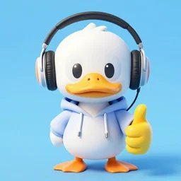 an anthropomorphic duck wearing a hoodie and headphones giving a thumbs up