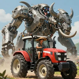 an intricate concept art, fantasy, asian peasant with straw hat in a tractor, a large mechanical biomes, megafauna, low - angle, close up shot, ultra photorealistic, ultra sharp, artstation, cgsociety, masterpiece, anime colors, by ivan talavera, by wlop, octane render, 8 k