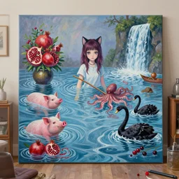 catgirl emo art student in her lounge room, painting of flood waters inside an artist's loungeroom, a river flooding indoors, pomegranates, pigs, ikebana, water, octopus, river, rapids, waterfall, black swans, canoe, berries, acrylic on canvas, surrealist, by magritte and monet