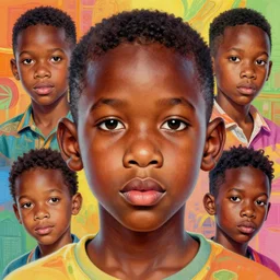 colourful upper half portrait of an african boy in the style of jack davis - art by aya takano & hsiao - ron cheng, highly detailed, caricature, digital painting, illustration, smooth, sharp focus, intricate, symmetry, pinterest, behance, artstation
