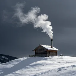 a cabin on a hill, snowatorm, winter, smoke rising from the pipe, by alex andreev, landscape, high contrast, digital