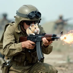 “ hamster in the vietnam war, firing his m 1 6, action shot, highly detailed, film photograph ”