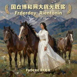 scenic western mountain landscape with wild horses and a woman in a long white traditional dress, frederic remington, oil on canvas, beautifully lit, artstation