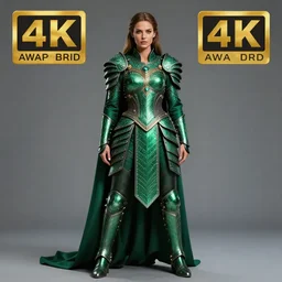 full length photo of a beautiful strong warrior queen wearing emerald encrusted armour, highly detailed, 4 k, hdr, smooth, sharp focus, high resolution, award - winning photo
