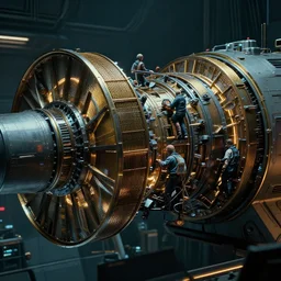 closeup of a highly futuristic warp engine booster of a spacecraft with engineers working, cyberpunk, moody, luminescent, rule of thirds, golden ratio, ambient lighting, syd mead, greg rutkowski, wlop, artgerm, artstation, highly detailed masterpiece