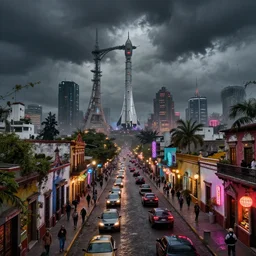a futuristic traditional mexican colony, no people on the streets, blade runner 2 0 4 9 city architecture, cyberpunk mexican futuristic luis barragan colonial architecture, spacex starship rocket launch site, environmental lighting, stormy weather, ray tracing, people walking on street, amazing view, highly detailed, heavy traffic, neon shops, octane render, unreal engine 5, 4 k