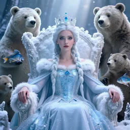 highly detailed closeup portrait of a snow, ice princess wearing a crown and sitting on a throne surrounded by fluffy bears, nicoletta ceccoli, mark ryden, lostfish, earl nore, global illumination, god rays, detailed and intricate environment