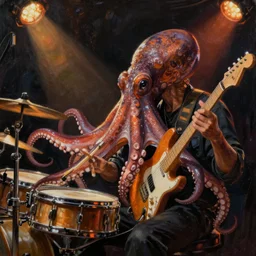 a beautiful painting by zeen chin of an octopus playing drums and telecaster guitar in an electronic concert, dark background, concert light, dark mood, warm lights