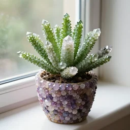 crystals shaped like exotic succulent fern shrubbery, a potted plant made of gemstones in a windowsill