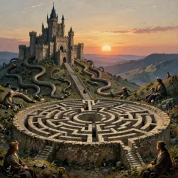 dawn. the labyrinth is spread out before you, crawling over the hills surrounding the goblin king's castle. descending the slope, you are confronted by a wall, beyond which lies the labyrinth's first ring, the maze of stone corridors. by edgar maxence and caravaggio and michael whelan and delacroix style, artistic, intricate painting, cinematic lighting, hyper realistic, extremely detailed, establishing shot, 8 k resolution, dramatic lighting