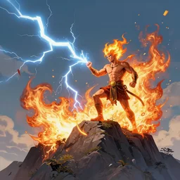 gigachad fighting zeus on top of a mountain, fire, lightning, shockwave, explosion
