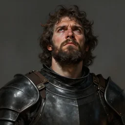 close up picture of a male warrior looking at the sky, angry, sad, burly, black plate armor, simple, brown skin, messy curly hair, unkempt beard, highly detailed, detailed face, smooth, sharp focus, chiaroscuro, digital painting, artgerm, greg rutkowski, alphonse mucha