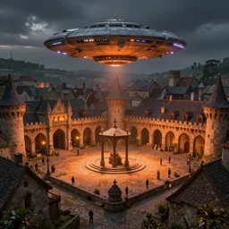 at the square of a medieval french village, with a spaceship hovering, a well in the center, arches, orange light, highly detailed, cinematic lighting, render, fantasy