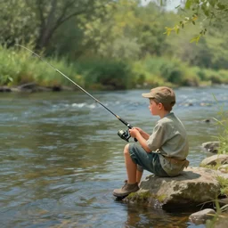 beautiful matte painting of a little guy fishing in the river, realism, volumtric lighting, artstation, in the style of bob ross, 4 k