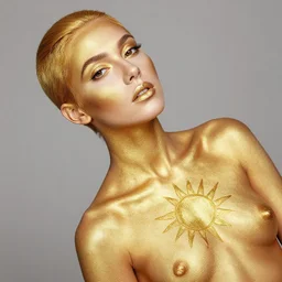 a beautiful fashion model photoshoot, tilt up angle, wearing a golden bodypaint with a persian 1 5 inches sun gold mask in the face, and surrounded by a circle of 1 2 legs with the shape of sunbeams with aztec ornaments