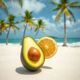 avocado and lemon on beach with palm trees and coconuts, happy