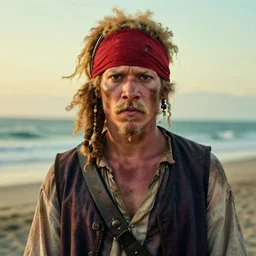 photo portrait of an rugged albino albino african african pirate with a red headband | brown vest | young adult stong, small blonde mustache, afro blonde hair, stern face, rugged and dirty outdoors at a beach, cinematic lighting at sundawn outdoors, movie color grading