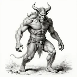full body grayscale drawing by Gustave Dore of horned muscled humanoid demon, engulfed in swirling flames