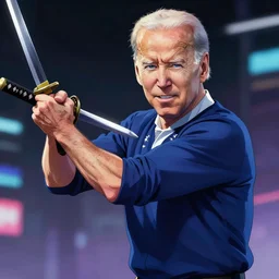 advanced digital anime art, Joe Biden wielding a katana , painted by RossDraws in the style of Makoto Shinkai, ,cyberpunk, very high detail, medium sensor , Gaussian blur, f/15 , 35mm —W 1920 —H 1080