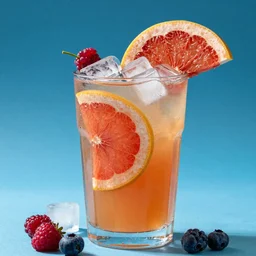 Tropical fruit summer cocktail with red grapefruit, berries and ice on blue background. studio lighting, 82 mm sigma art, close up, detailed