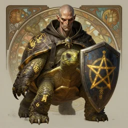 digital character concept art by artgerm and greg rutkowski and alphonse mucha. clear portrait of an evil - looking, male, anthropomorphic tortoise dressed like a cleric, with glowing arcane runes painted on his shell, holding a pentagram shield, gritty coloring, intricate, digital painting, artstation, smooth, sharp focus