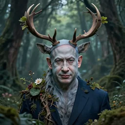 portrait of benjamin netanyahu as a magical forest creature, antlers, branches, leaves, flowers, grey - blue skin, by brian froud