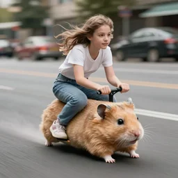 a young woman riding a hamster, a tilt shift photo by jeremy geddes, cgsociety, antipodeans, movie still, reimagined by industrial light and magic, tilt shift