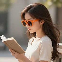 a girl reading book, hair flowing down, portrait photo, profile picture, hyperrealistic, concept art, orange sunglasses, day time, octane render, unreal engine 5, digital art, high quality, highly detailed, 8K, cute, defined face, elegant clothes, trending on DeviantArt