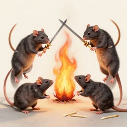 rats and cats fight in a fierce battle on toothpicks like swords, on fire, rebirth of nature concept art by artgerm, tooth wu, dan mumford, beeple, rossdraws, james jean, marc simonetti and alphonse mucha. just one lonely black tape project attctive showgirl!! full body!! contour light effect!! hd, 4 k, stage light, octane render, sharp edge, ultra clear detailed