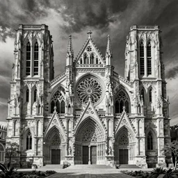 cathedral, gothic architecture, black and white, hyper detailed, gustave dore