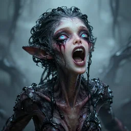 a beautiful feminine alien with thick black sludge seeping from her eyes, screaming while being consumed by darkness, iridescent eyes, dreamlike, intricate detail, 3d render, octane render, sigma 85mm f/1.4, 4k, hd